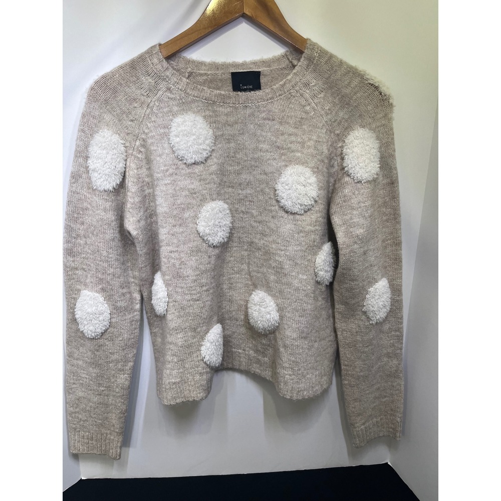 Lumiere Beige Knit Pom Pom Polka Dot Cozy Cottagecore Pullover Sweater A492